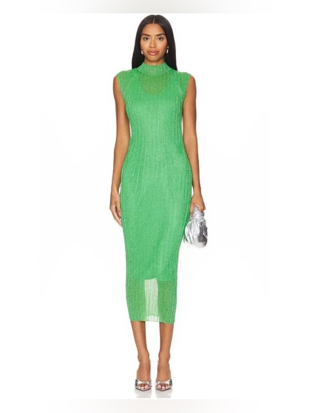 AllSaints Patrice Bright Green Metallic Ribbed Maxi Dress NWT S